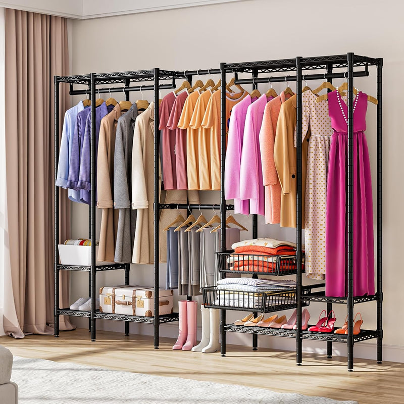 Extendable Clothes Rails Coat Stand with Pull-Out Baskets