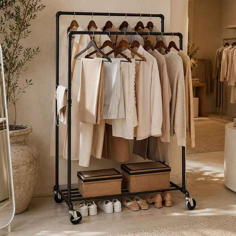Extendable Heavy-Duty Clothes Rail Coat with Shelf Industrial