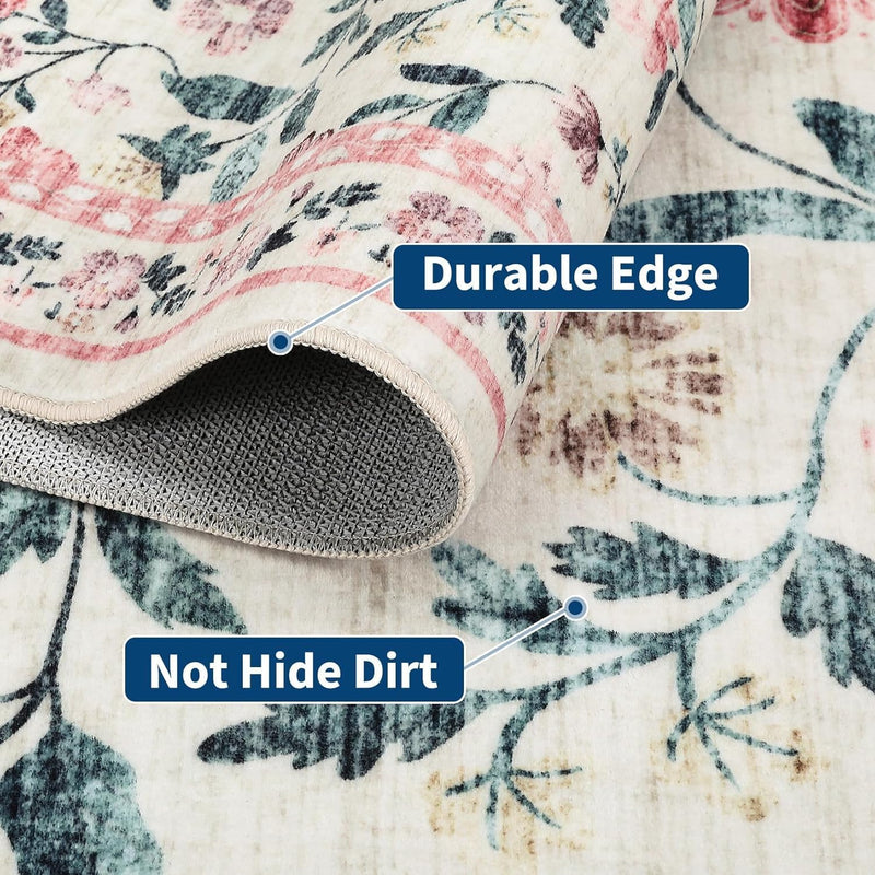 Living Room Rug Floral Washable Low