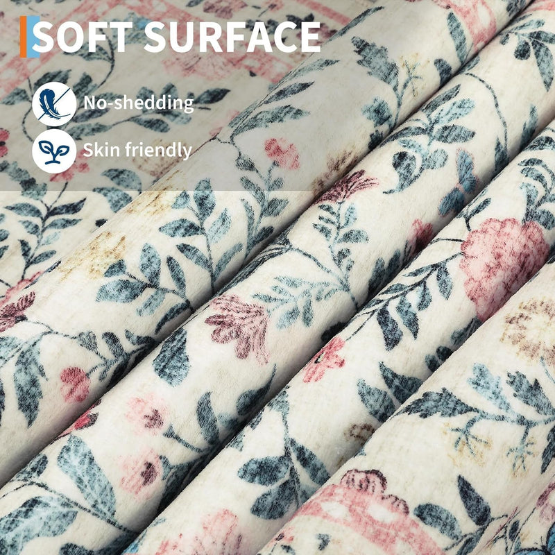 Living Room Rug Floral Washable Low