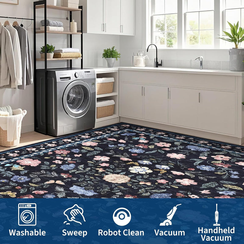 Living Room Rug Floral Washable Low