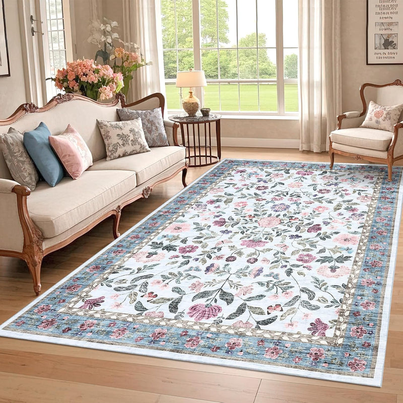 Living Room Rug Floral Washable Low