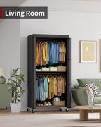 Fabric Wardrobe Clothes Rail with Cover Wheels 90x46x204CM