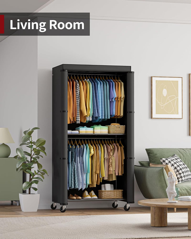 Fabric Wardrobe Clothes Rail with Cover Wheels 90x46x204CM