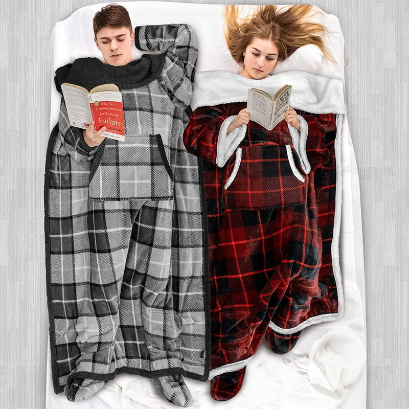 Fleece Blanket with Sleeves Foot Pockets for Women