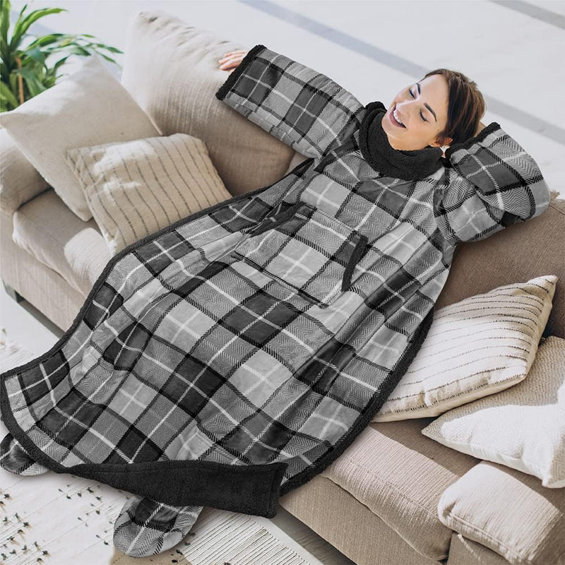Fleece Blanket with Sleeves Foot Pockets for Women