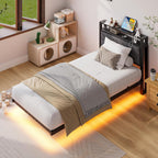 Floating Bed Frame Upholstered Platform with Storage Shelf