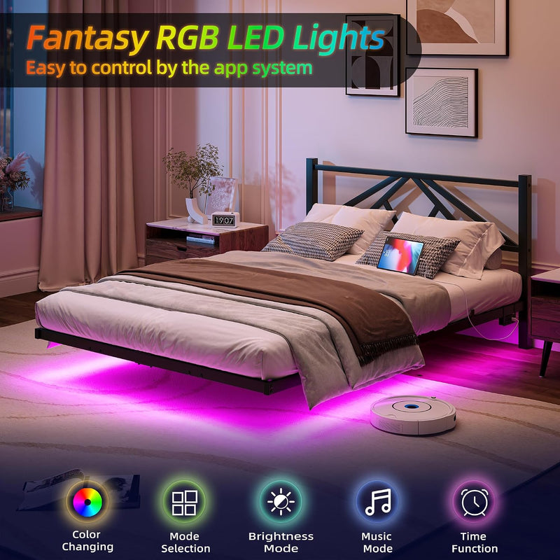 Floating Bed Frame with LED Lights Charging Station