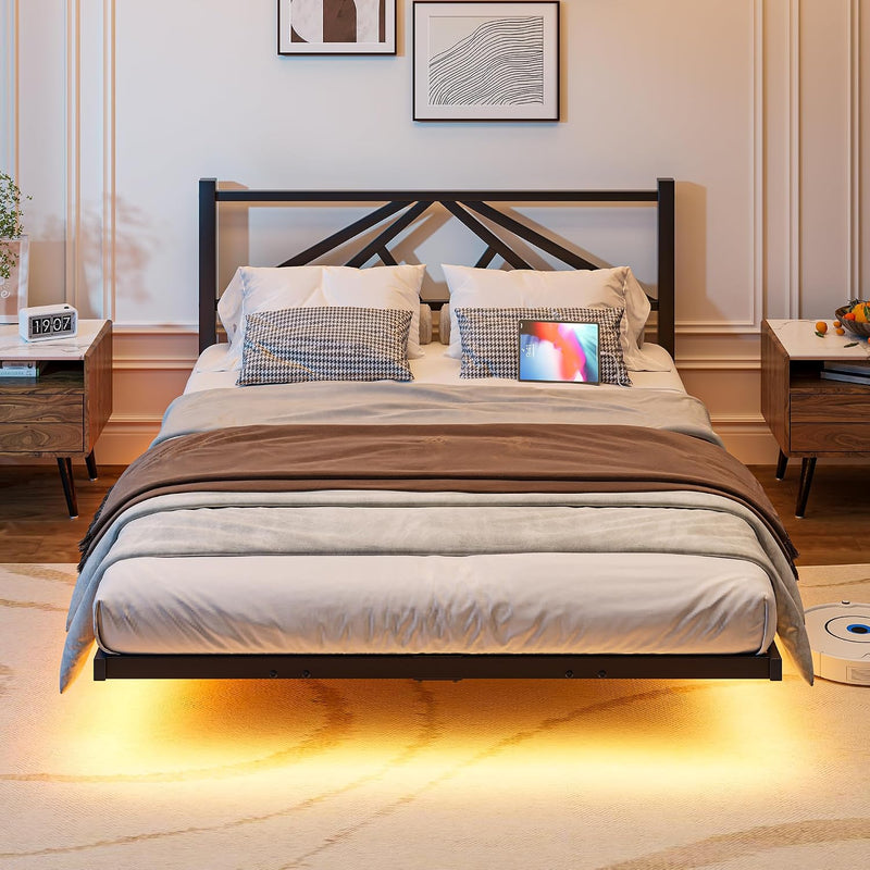 Floating Bed Frame with LED Lights Charging Station