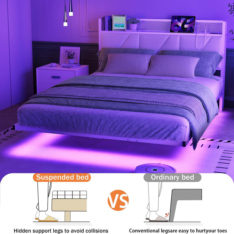 Floating Bed Frame with Upholstered Headboard Storage