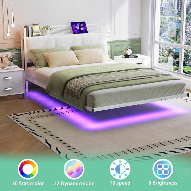 Floating Bed Frame with Upholstered Headboard Storage