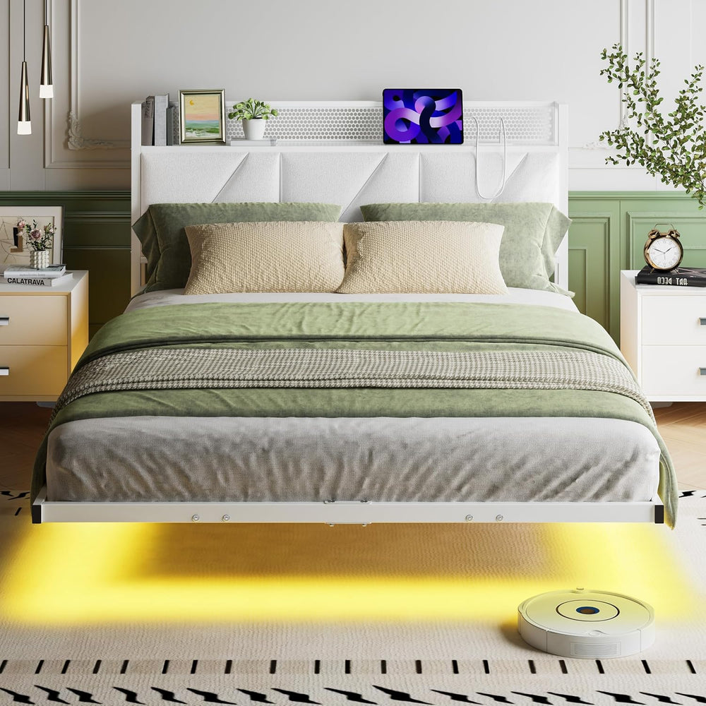Floating Bed Frame with Upholstered Headboard Storage