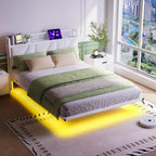 Floating Bed Frame with Upholstered Headboard Storage
