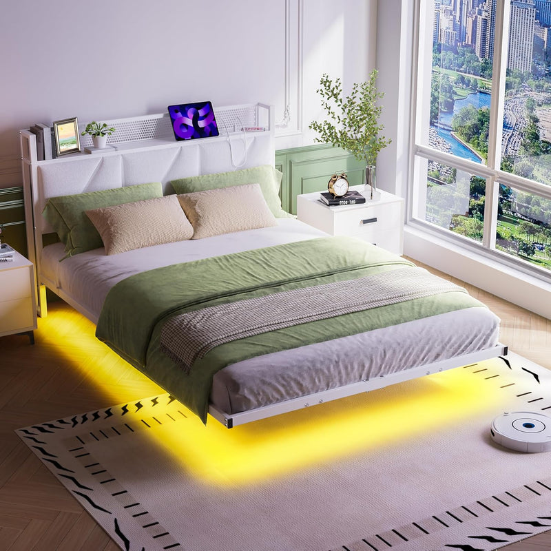 Floating Bed Frame with Upholstered Headboard Storage