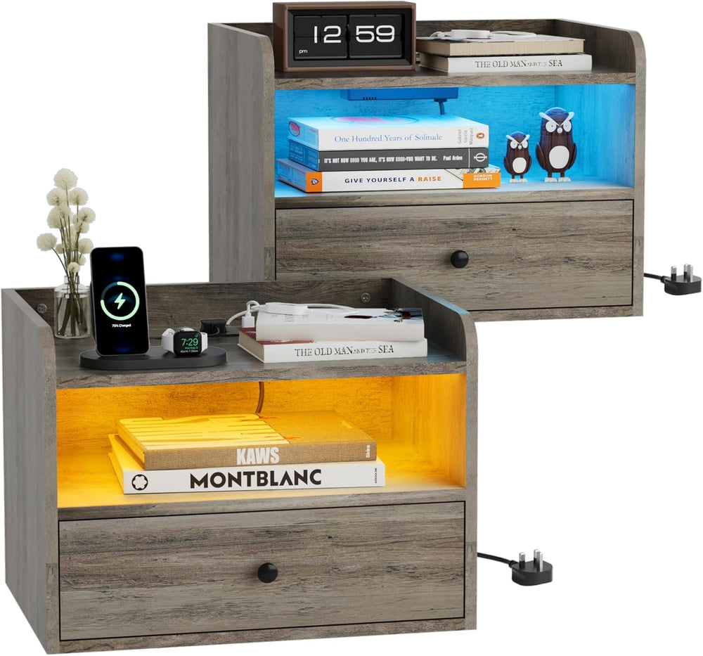 Floating Bedside Tables with Lights -Function Adjustable (Set of 2)