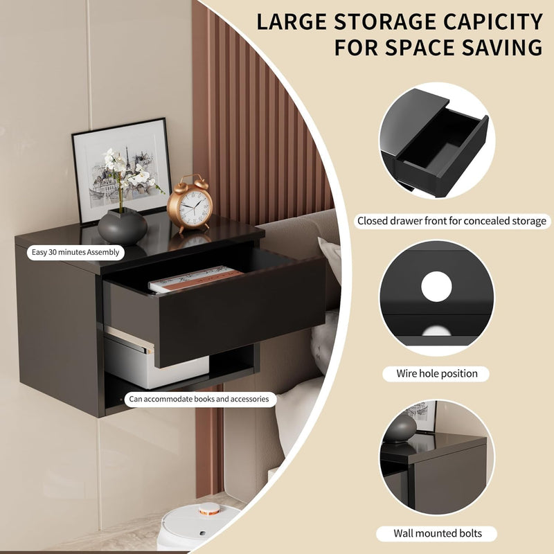 Floating Nightstand Modern Wall Mounted Bedside Table