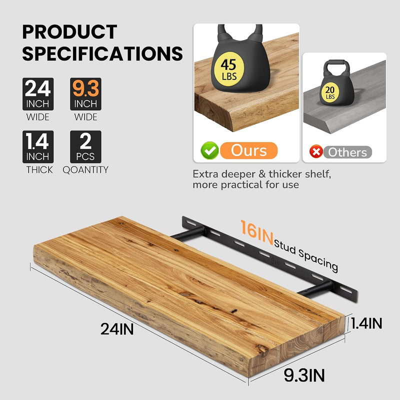 Floating Shelves for Wall Rustic Solid Live-Edge (Set of 2)