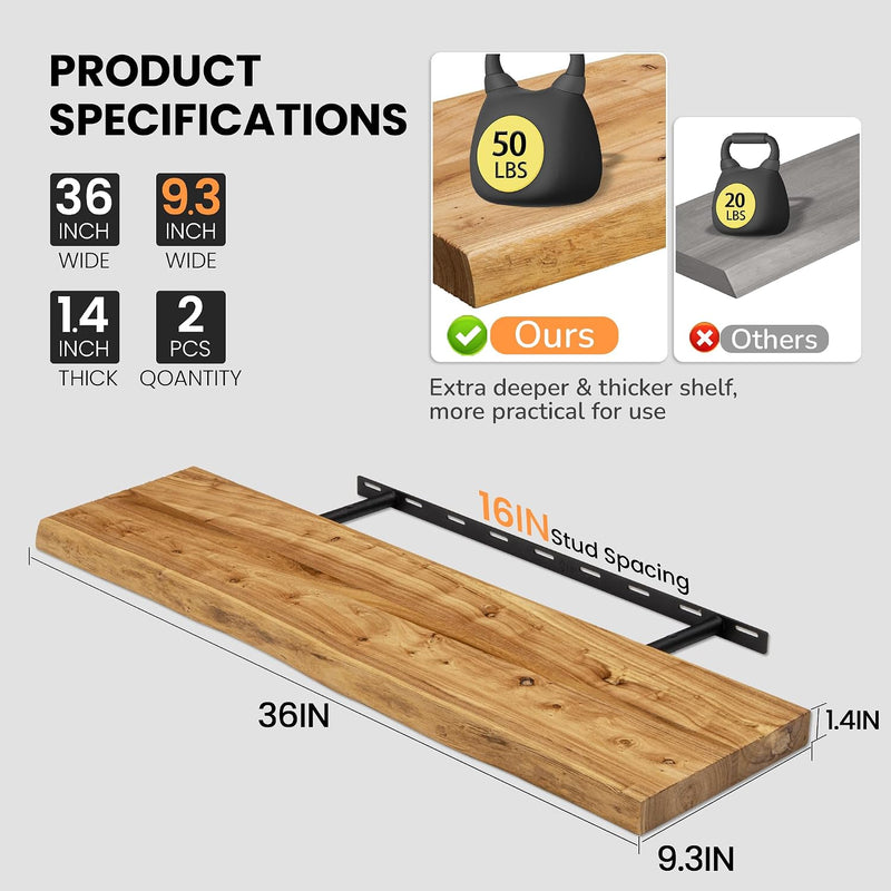 Floating Shelves for Wall Rustic Solid Live-Edge (Set of 2)