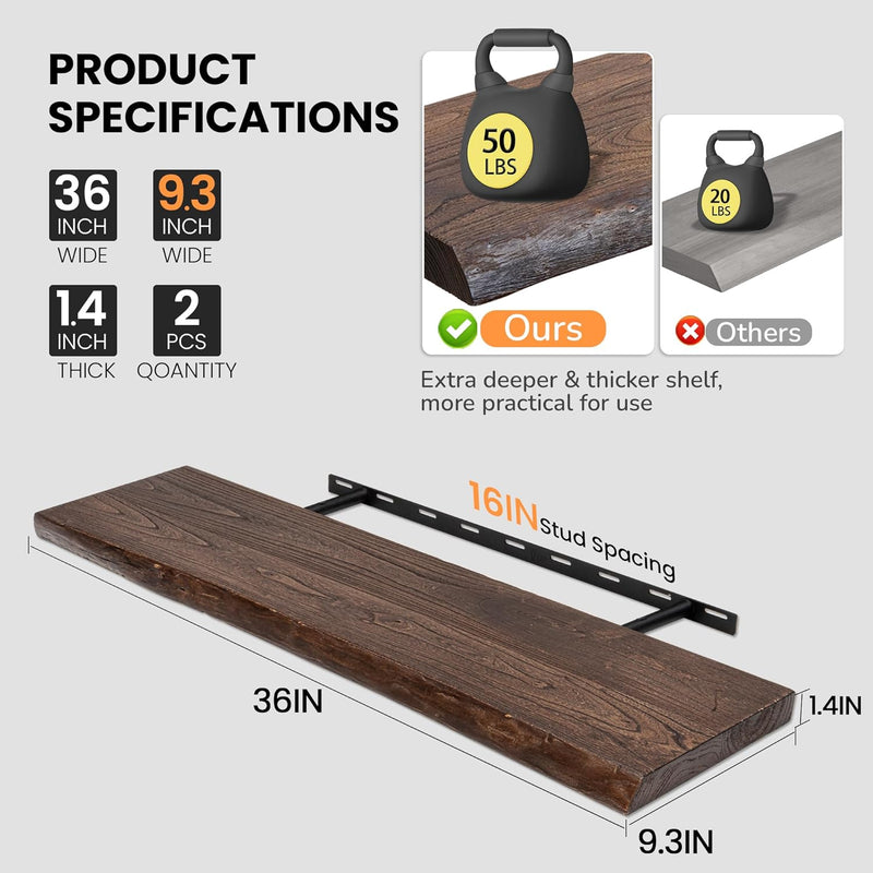 Floating Shelves for Wall Rustic Solid Live-Edge (Set of 2)