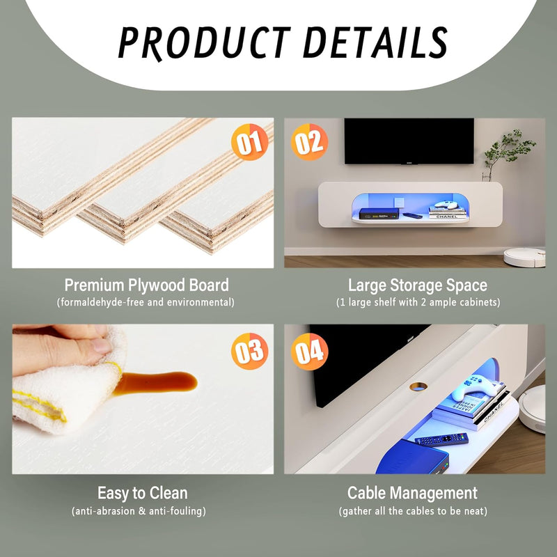 Floating TV Shelf with LED Lights Wall Mounted