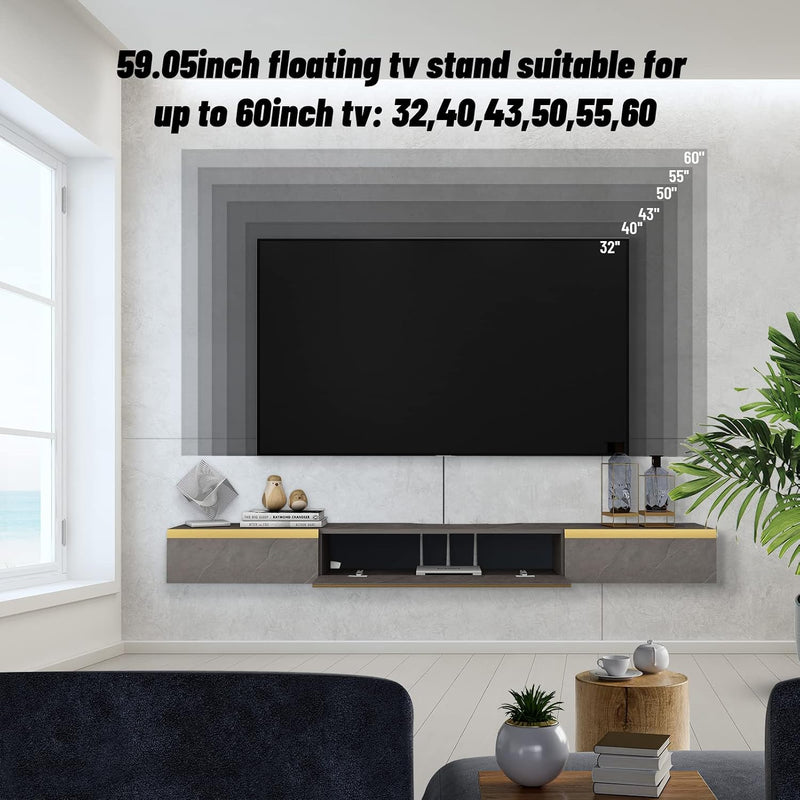 Floating TV Unit 59'' Wall Mounted Cabinet Shelves