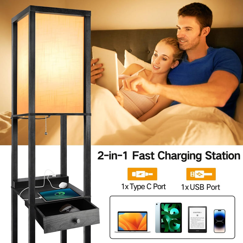 Shelf Floor Lamp with Drawer 2 USB-C Ports