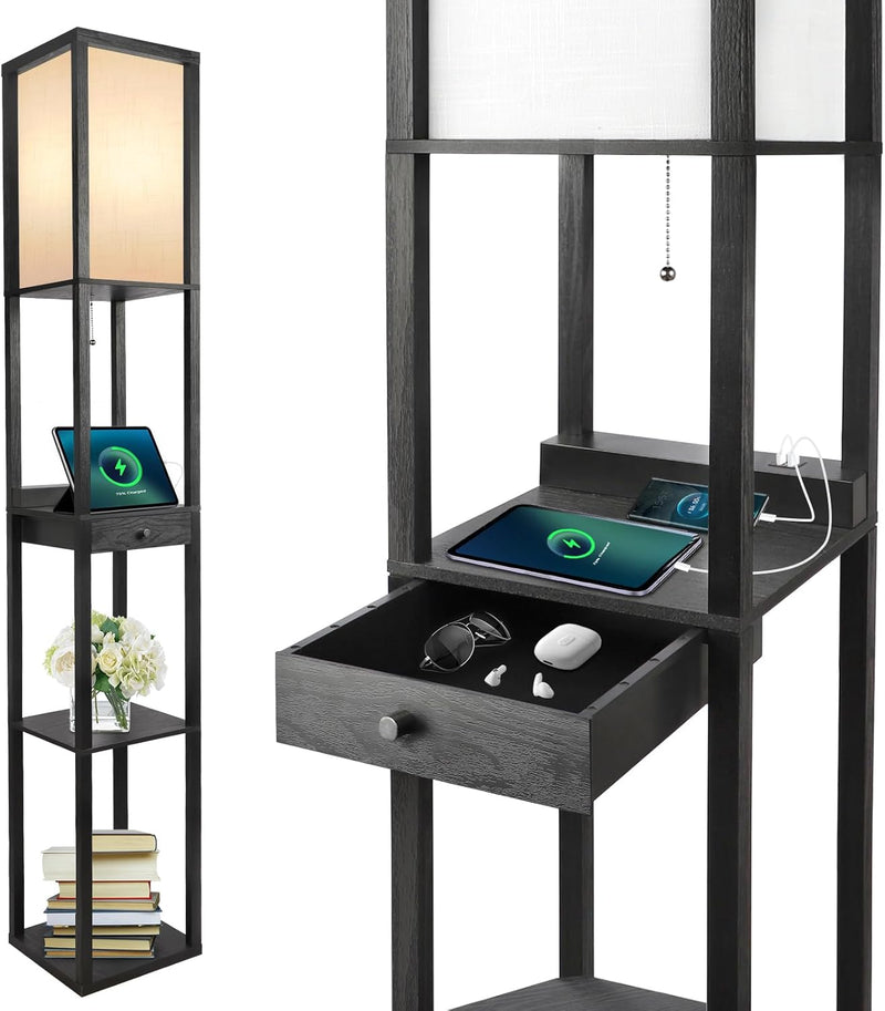 Shelf Floor Lamp with Drawer 2 USB-C Ports