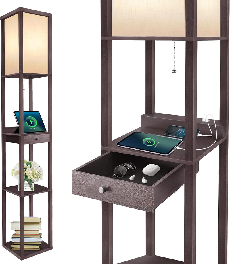 Shelf Floor Lamp with Drawer 2 USB-C Ports