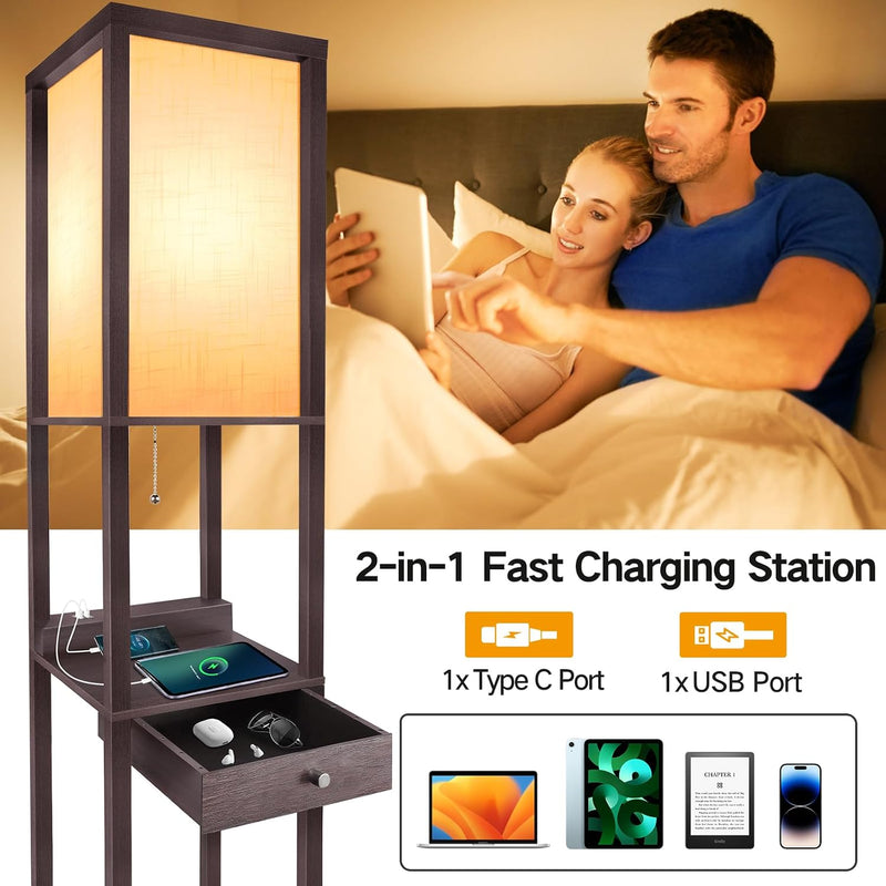 Shelf Floor Lamp with Drawer 2 USB-C Ports