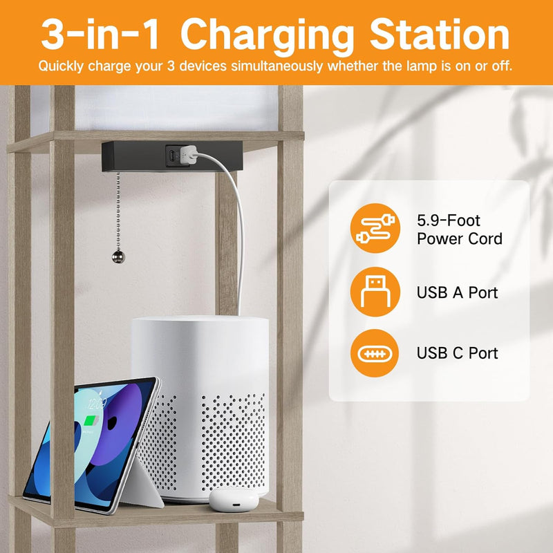 Shelf Floor Lamp with Drawer 2 USB-C Ports
