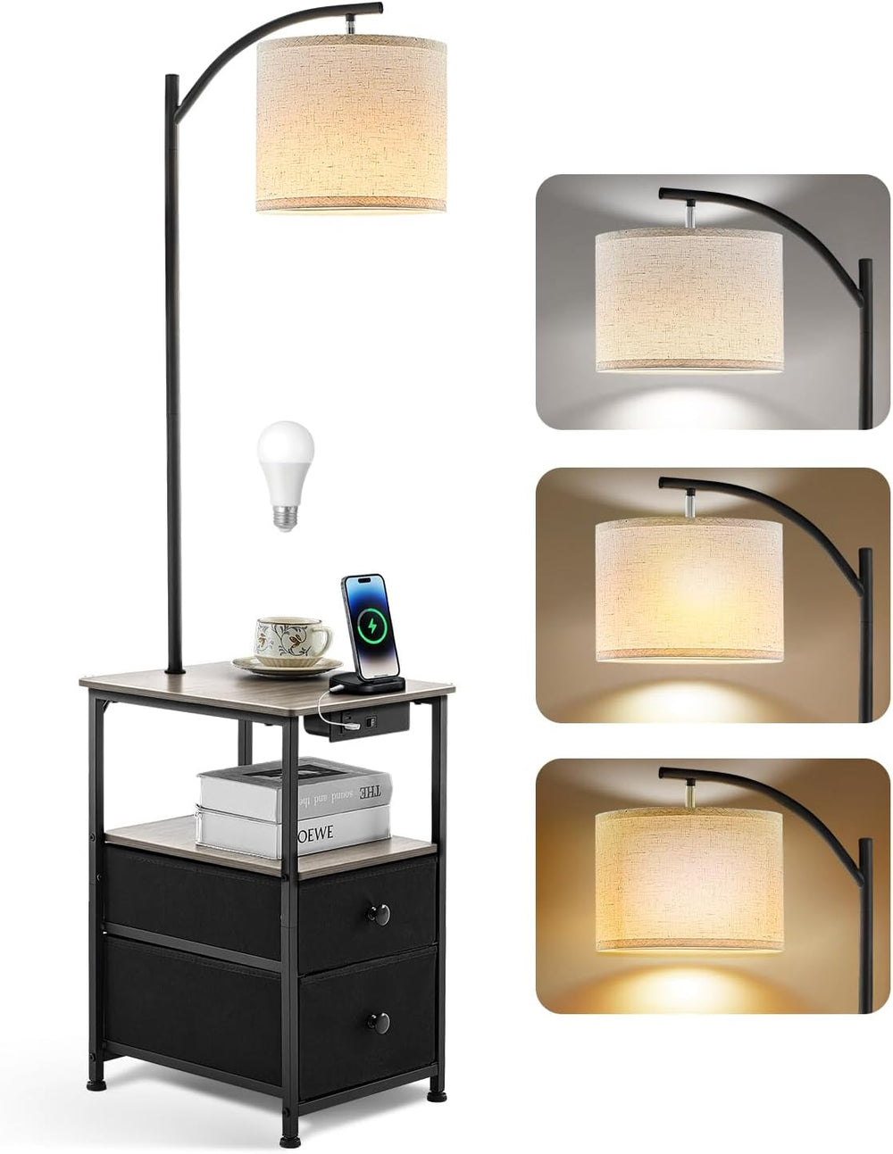 Floor Lamp with 2 Drawers Nightstand USB Type-C