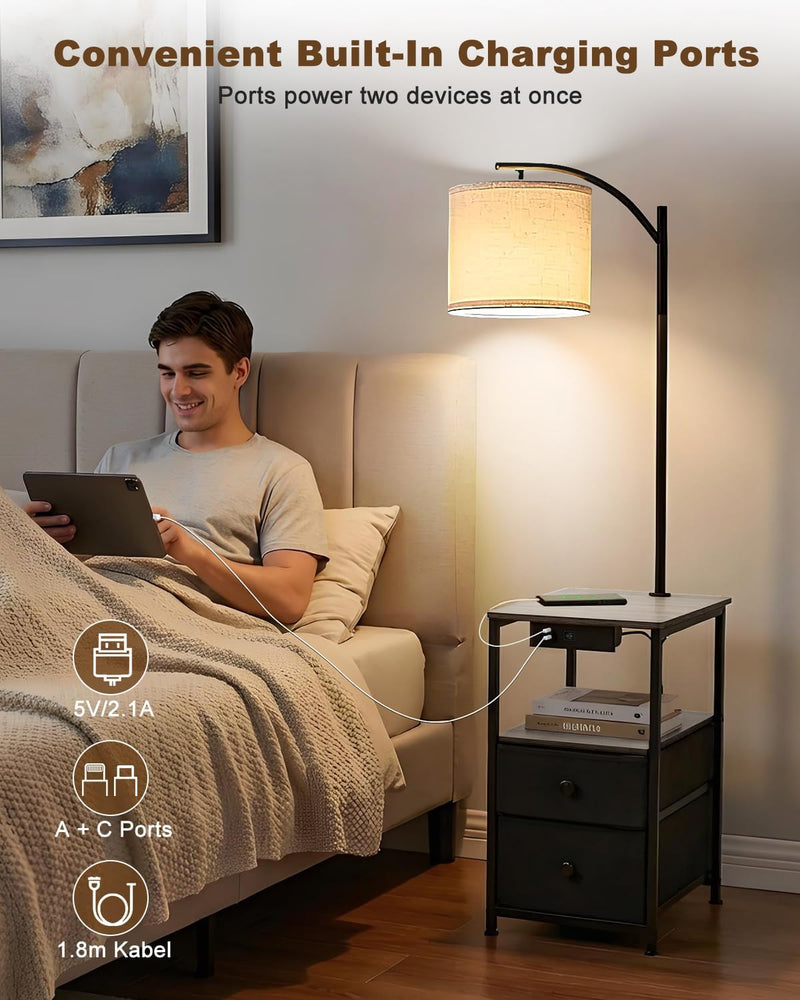 Floor Lamp with 2 Drawers Nightstand USB Type-C