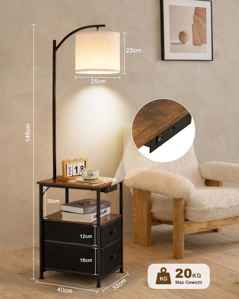 Floor Lamp with 2 Drawers Nightstand USB Type-C