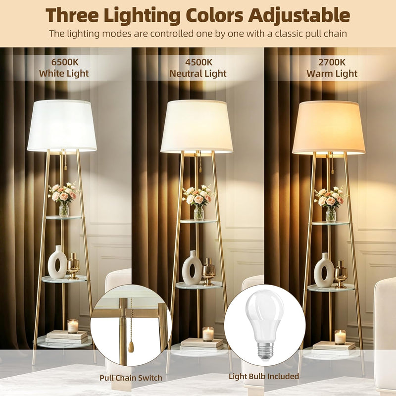 Floor Lamp with 3-Tier Shelves 150CM 3 Changeable