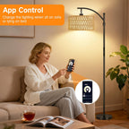 Floor Lamp with Rattan Linen Double Shades 12W