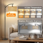 Floor Lamp with Rattan Linen Double Shades 12W