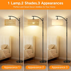 Floor Lamp with Rattan Linen Double Shades 12W