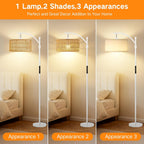 Floor Lamp with Rattan Linen Double Shades 12W