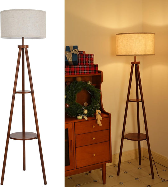Floor Lamp in Vintage Walnut Wood with 2-Tier