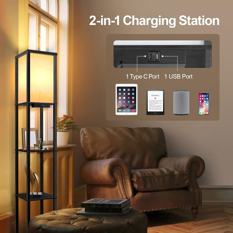 Floor Lamp with Shelves LED Column Modern USB