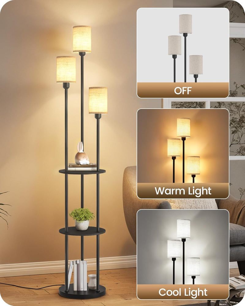 Floor Lamp with Shelves Modern 3 Linen Shades
