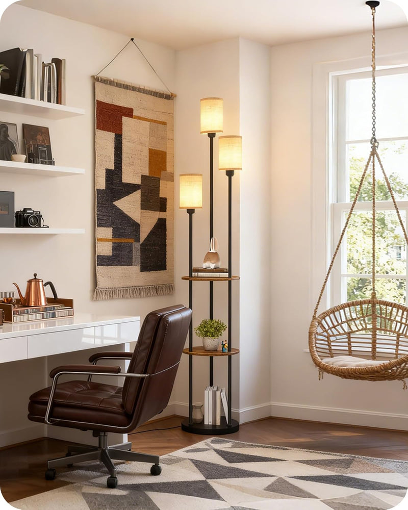 Floor Lamp with Shelves Modern 3 Linen Shades