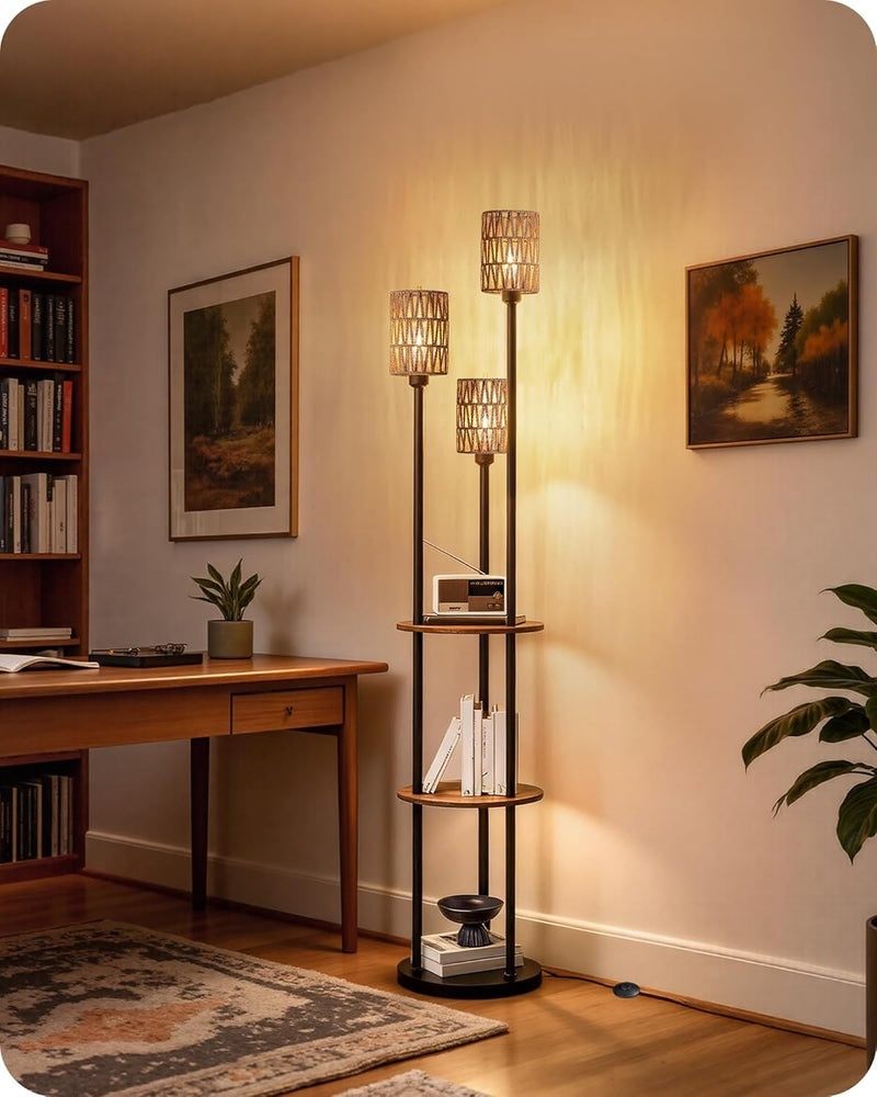 Floor Lamp with Shelves Modern 3 Linen Shades