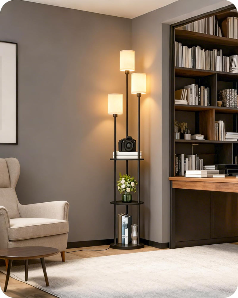 Floor Lamp with Shelves Modern 3 Linen Shades