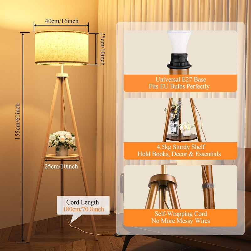 Floor Lamp with Storage Shelves 12W Solid Wooden