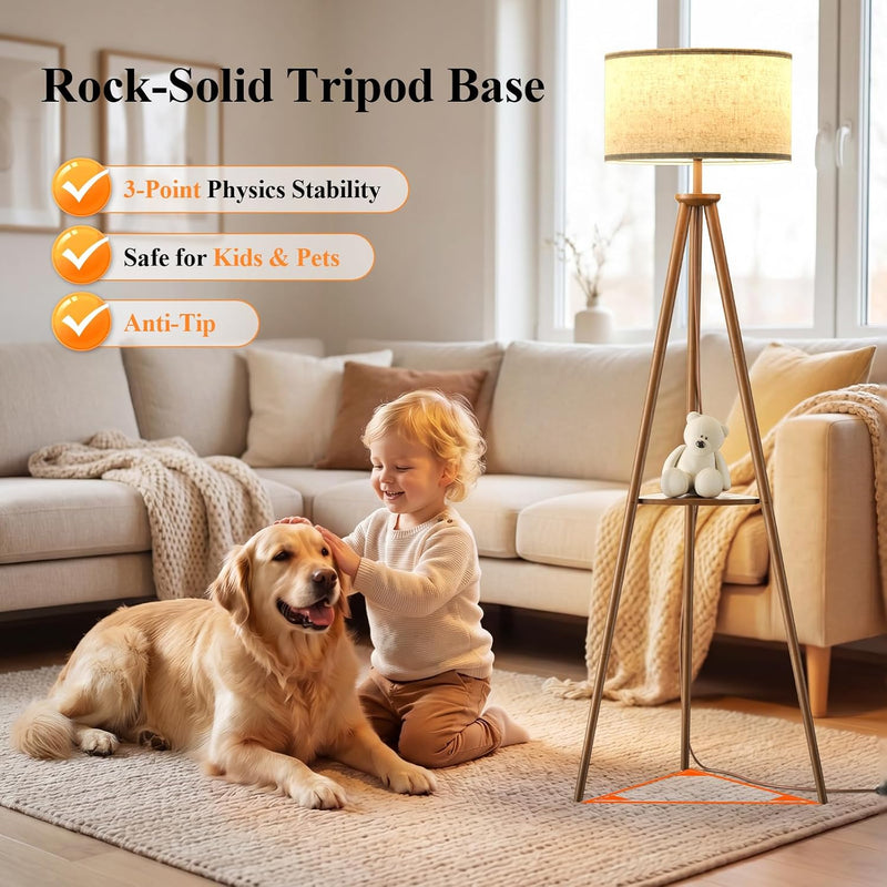 Floor Lamp with Storage Shelves 12W Solid Wooden