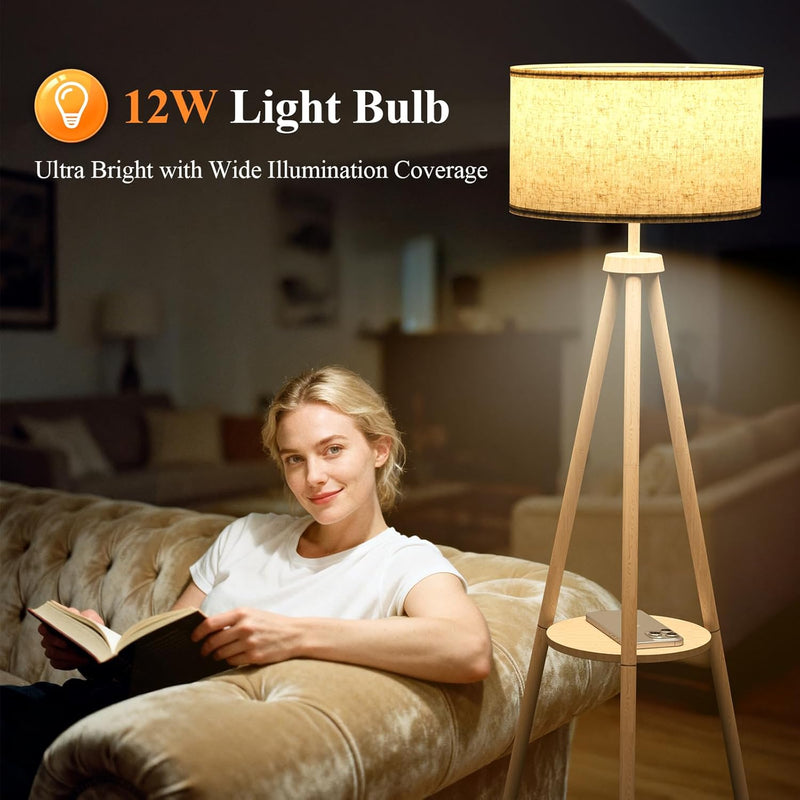 Floor Lamp with Storage Shelves 12W Solid Wooden