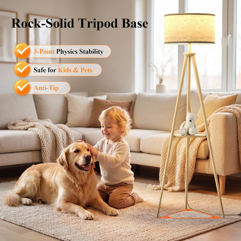 Floor Lamp with Storage Shelves 12W Solid Wooden