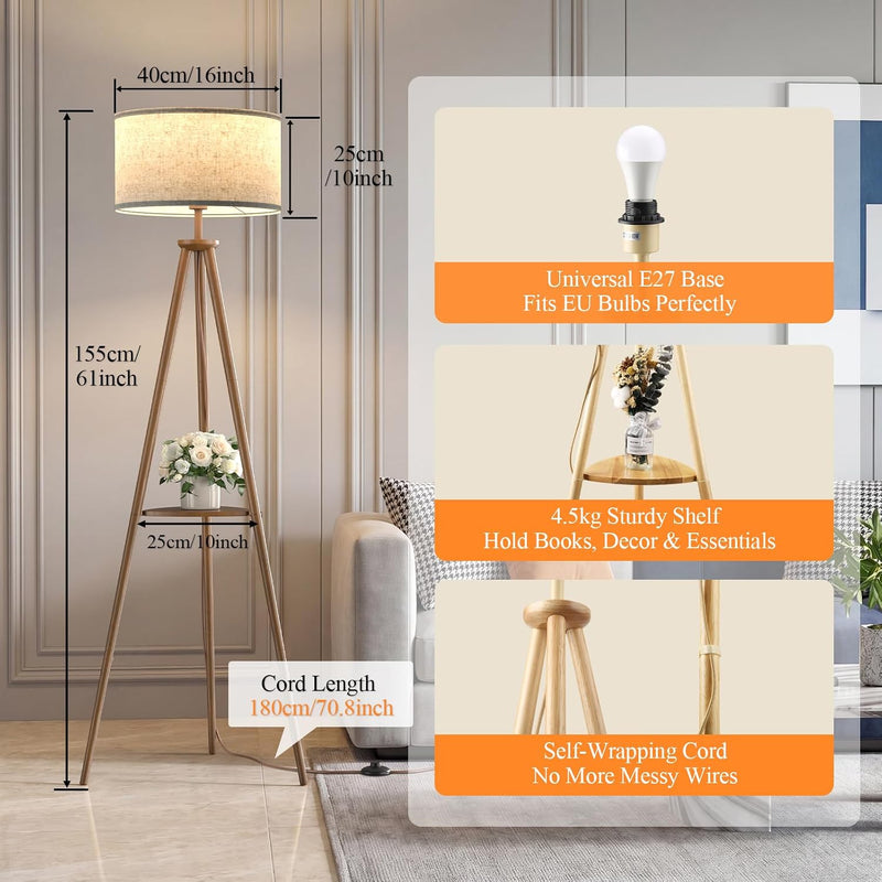 Floor Lamp with Storage Shelves 12W Solid Wooden