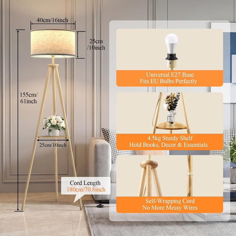Floor Lamp with Storage Shelves 12W Solid Wooden